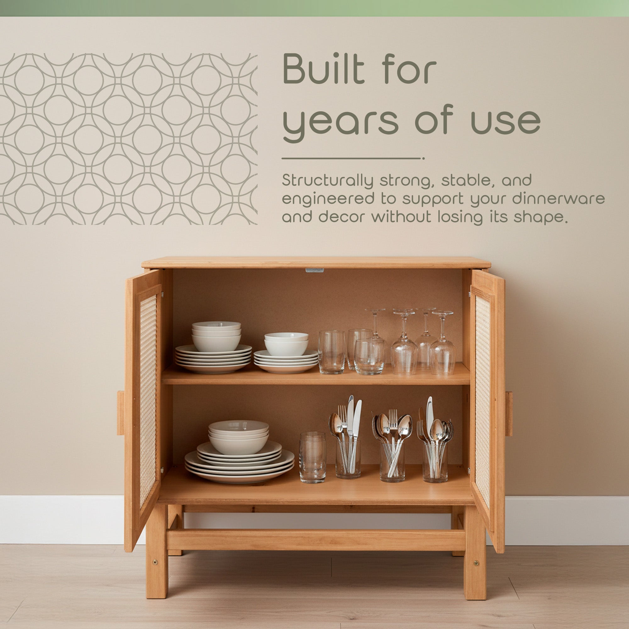 Nature Wood & Rattan 2-Door Buffet Sideboard