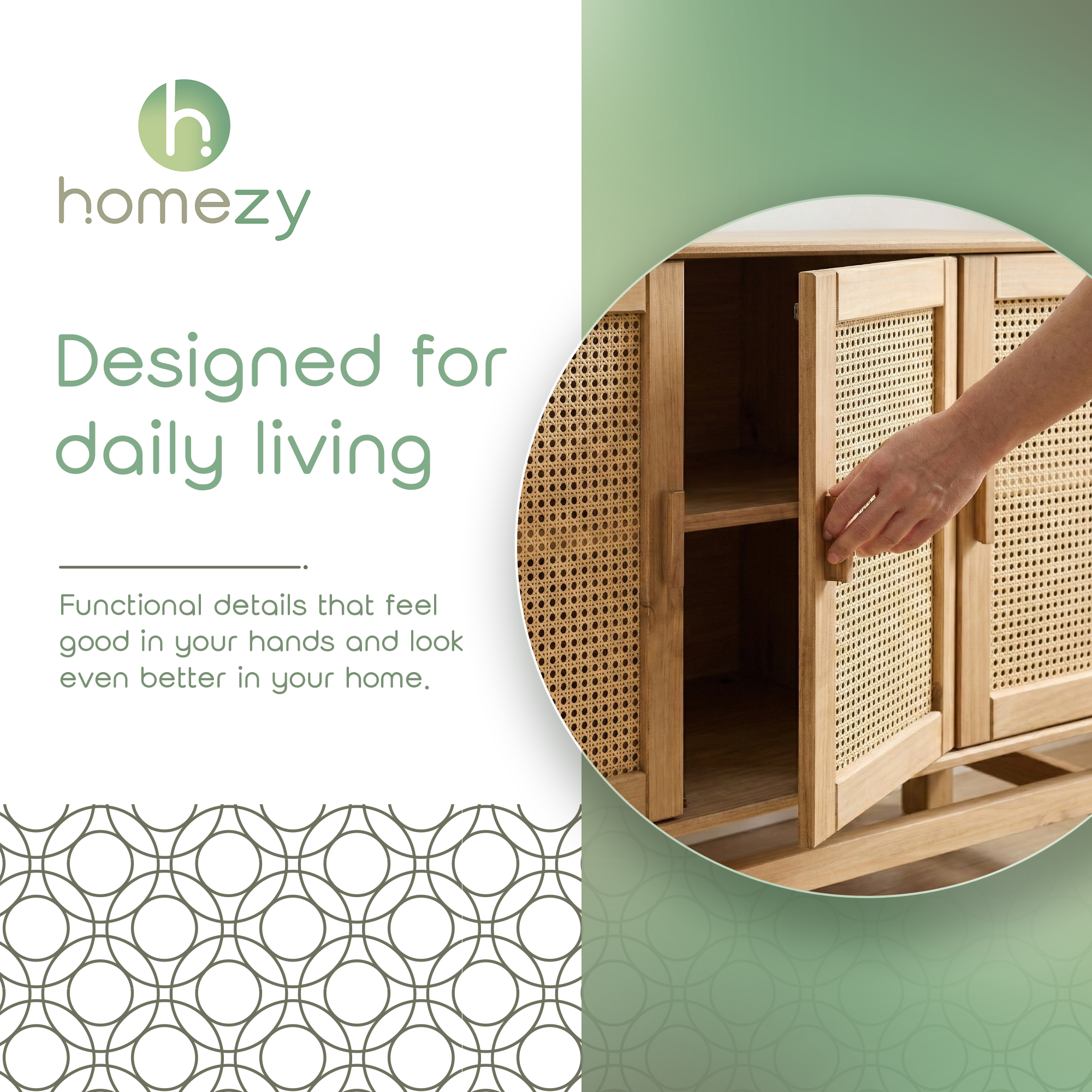 Nature Wood & Rattan 3-Door Buffet Sideboard