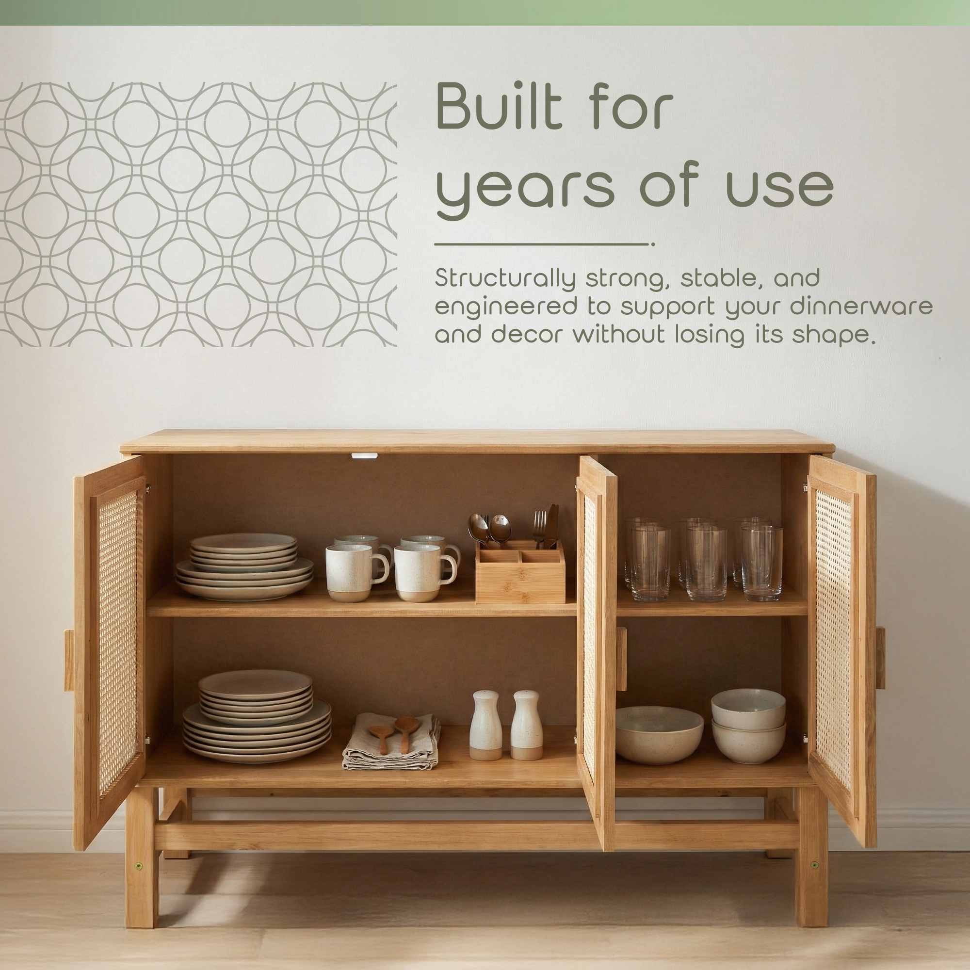 Nature Wood & Rattan 3-Door Buffet Sideboard