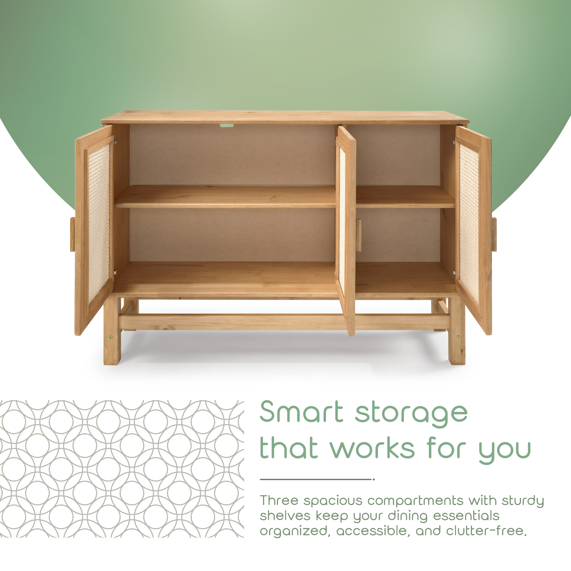 Nature Wood & Rattan 3-Door Buffet Sideboard