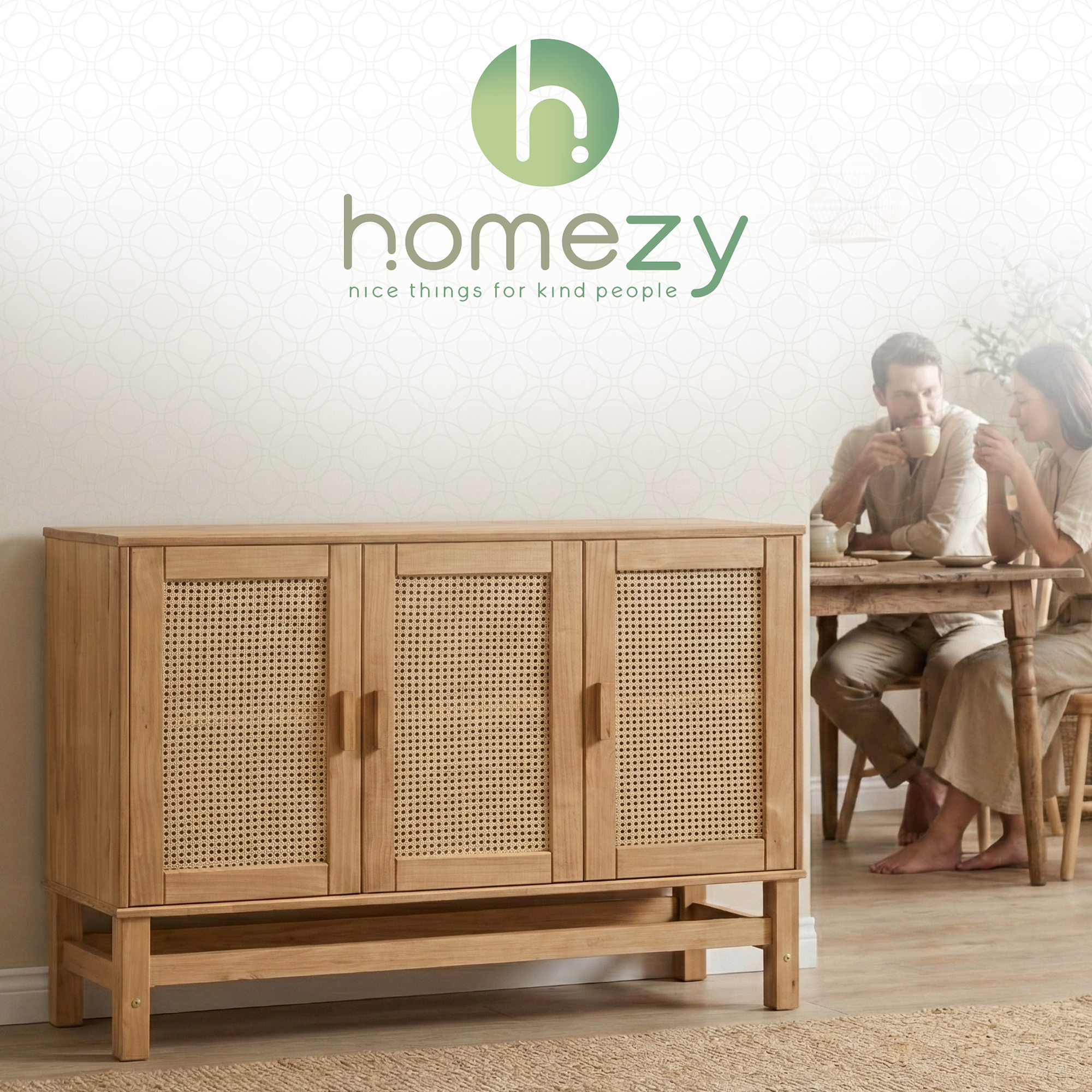 Nature Wood & Rattan 3-Door Buffet Sideboard