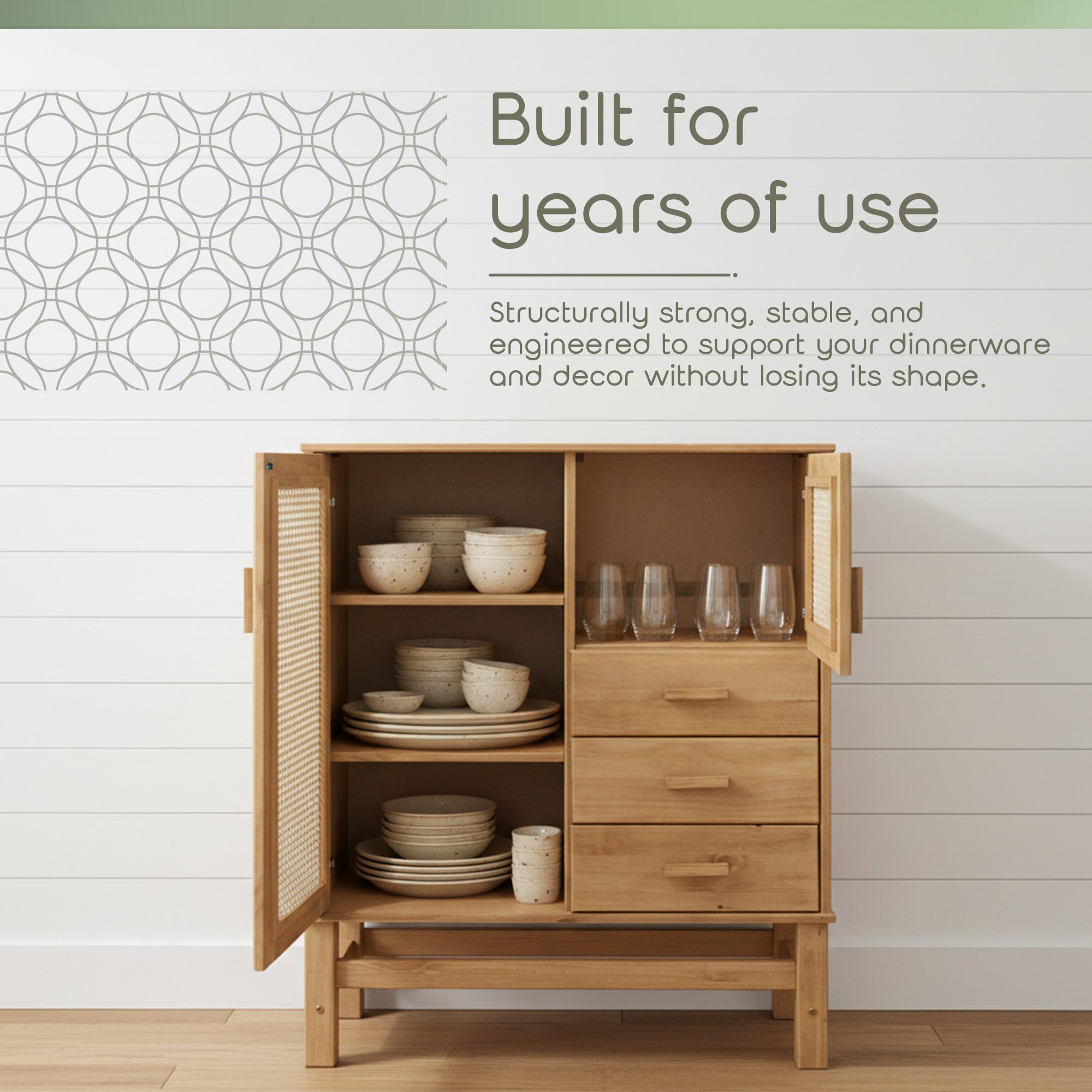 Nature Wood & Rattan 2-Door 3-Drawer Buffet Sideboard
