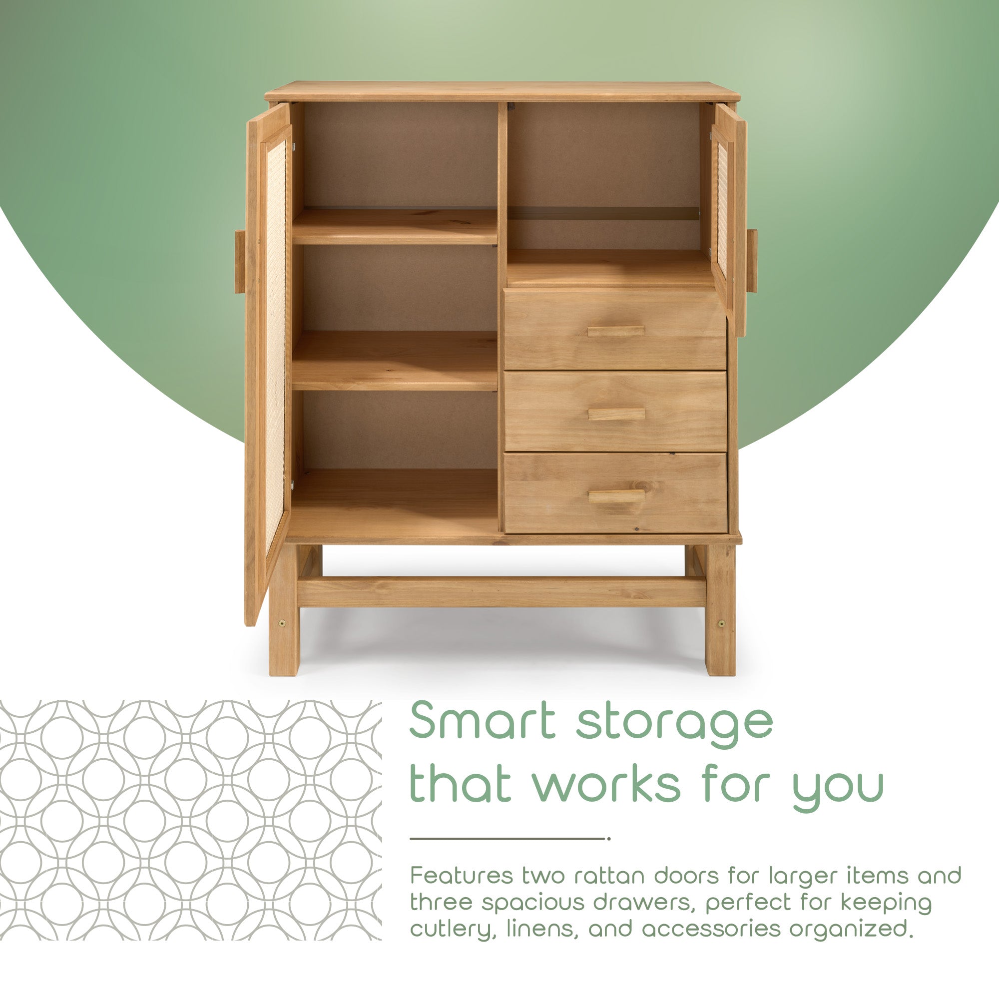 Nature Wood & Rattan 2-Door 3-Drawer Buffet Sideboard