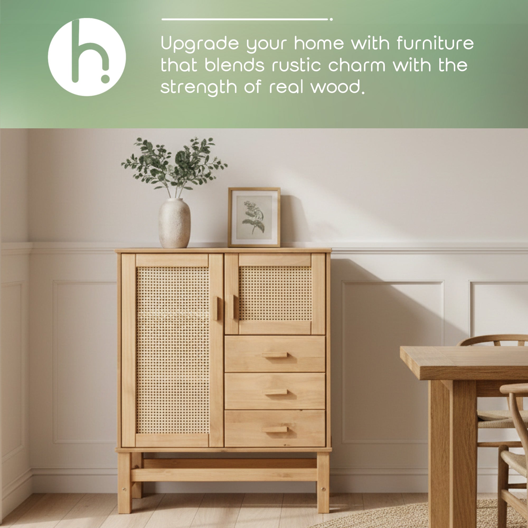 Nature Wood & Rattan 2-Door 3-Drawer Buffet Sideboard