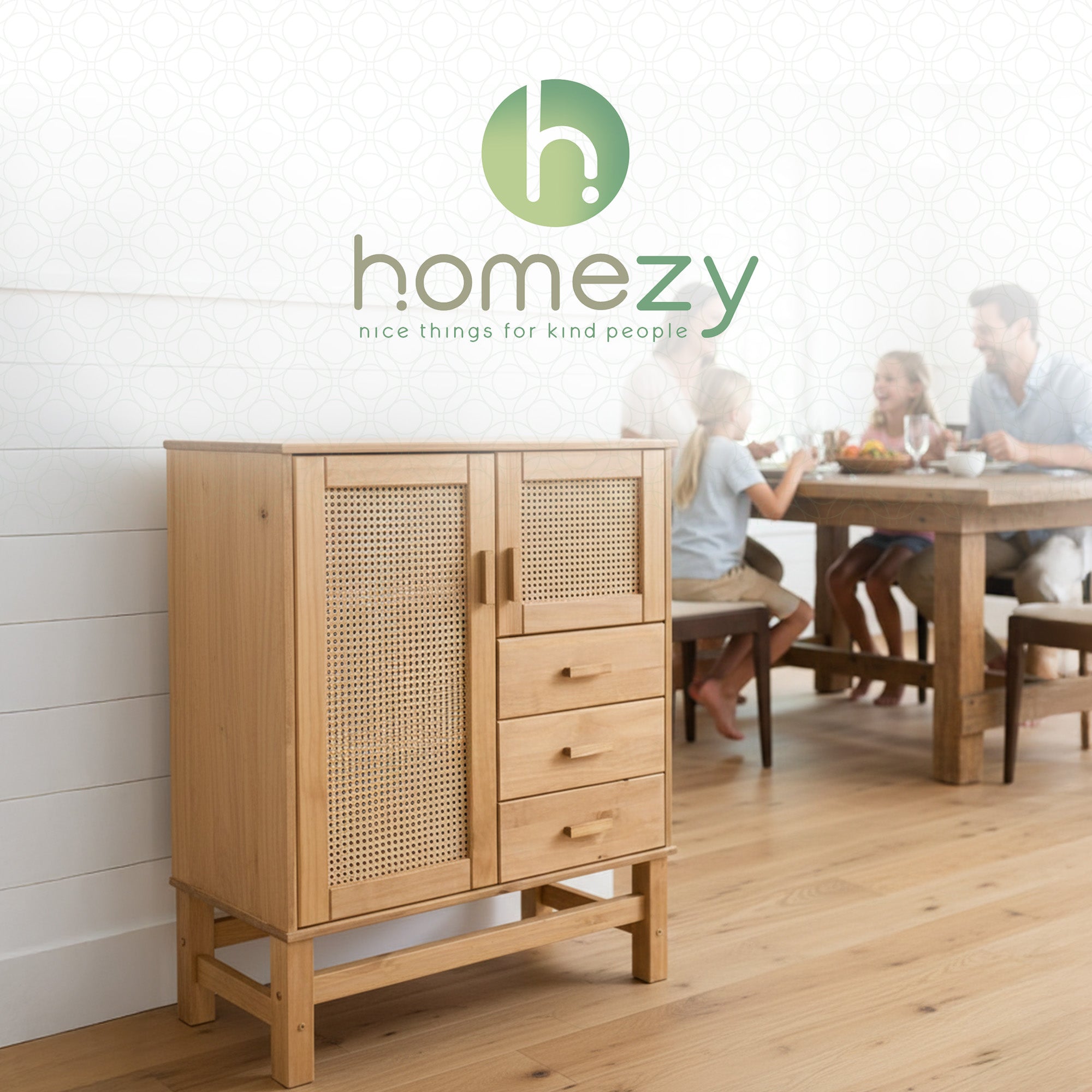 Nature Wood & Rattan 2-Door 3-Drawer Buffet Sideboard