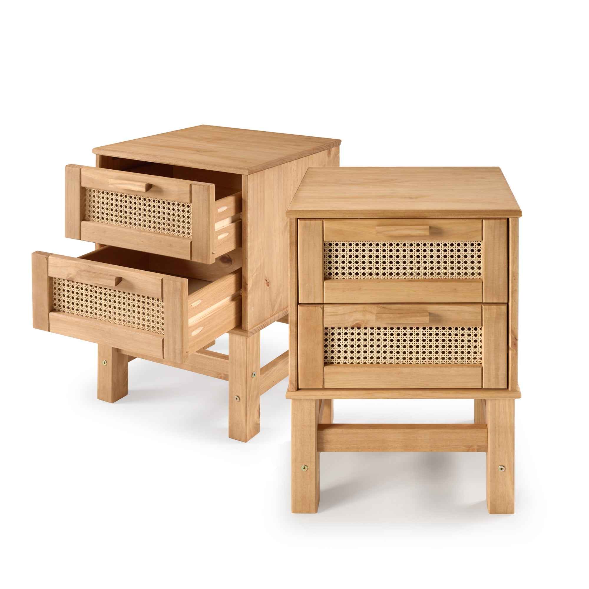 Set of 2 Nature Wood & Rattan 2-Drawer Bedside Tables