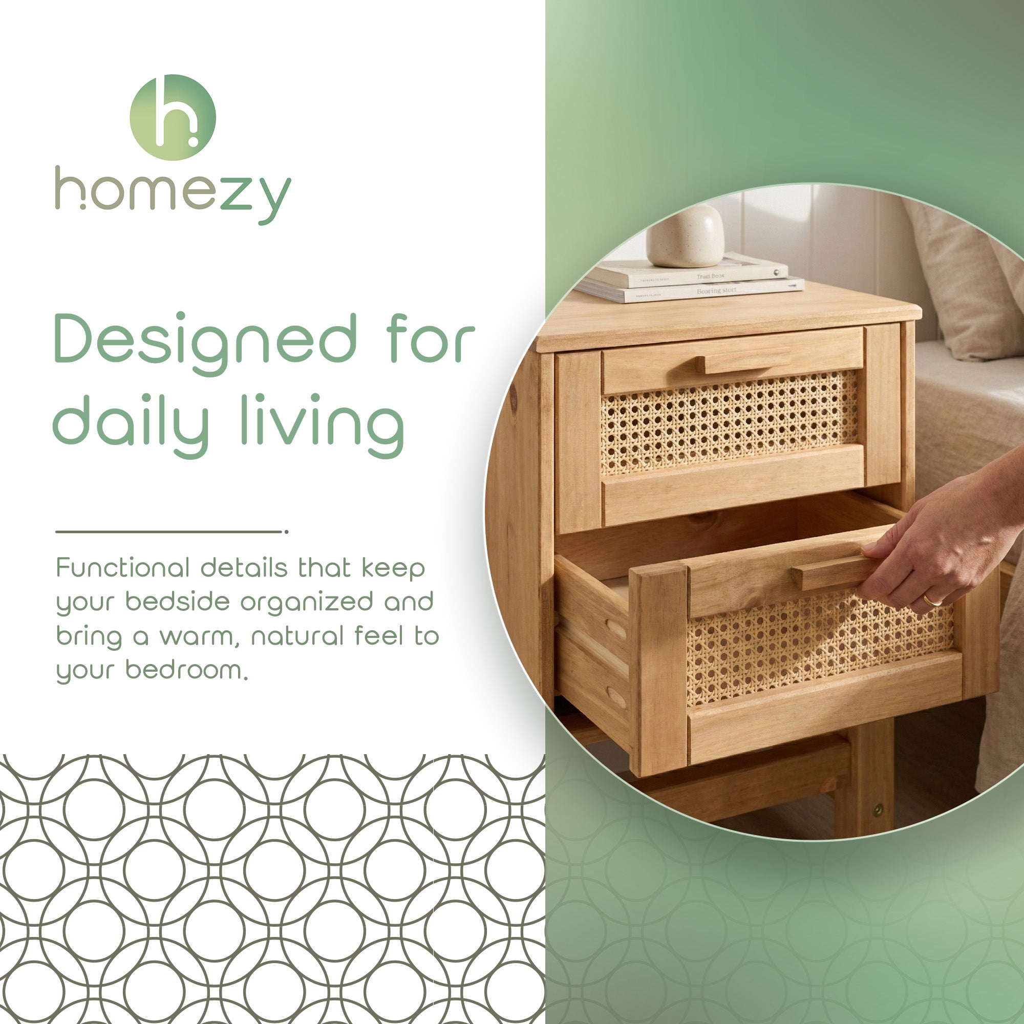 Set of 2 Nature Wood & Rattan 2-Drawer Bedside Tables