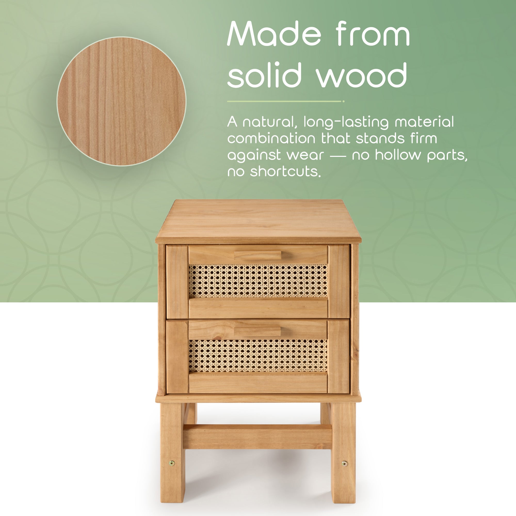 Set of 2 Nature Wood & Rattan 2-Drawer Bedside Tables
