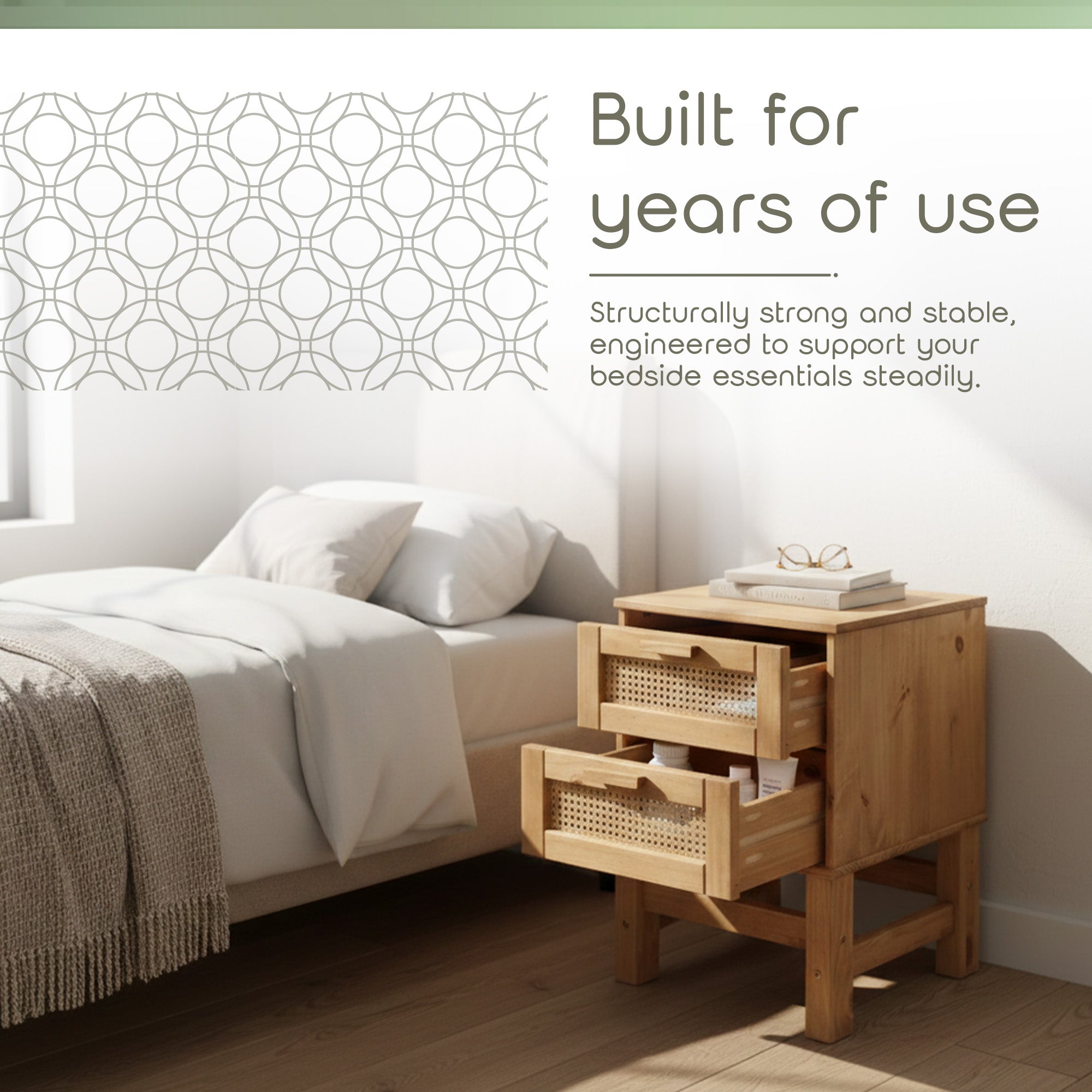 Set of 2 Nature Wood & Rattan 2-Drawer Bedside Tables