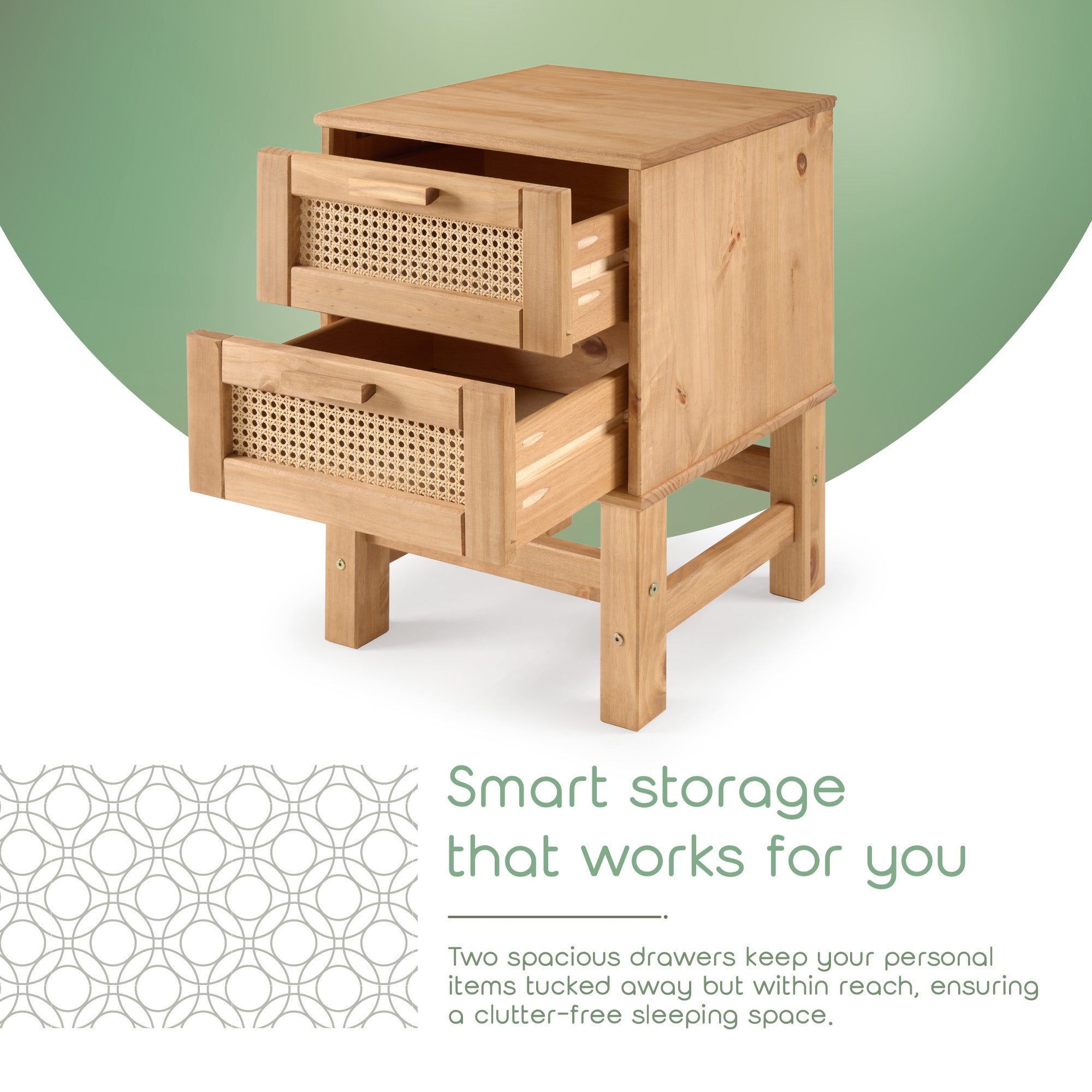 Set of 2 Nature Wood & Rattan 2-Drawer Bedside Tables