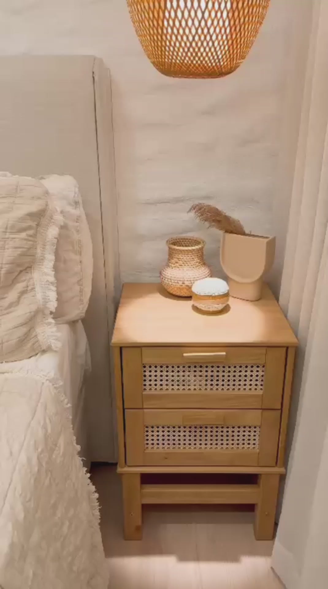 Set of 2 Nature Wood & Rattan 2-Drawer Bedside Tables